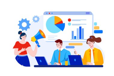 Çevrimiçi Dijital Pazarlama Çizimi konsepti. Düz illüstrasyon beyaz arkaplanda izole edildi