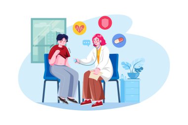 Kadın bir doktor hastanın Illustration konseptini kontrol ediyor. Düz illüstrasyon beyaz arkaplanda izole edildi.