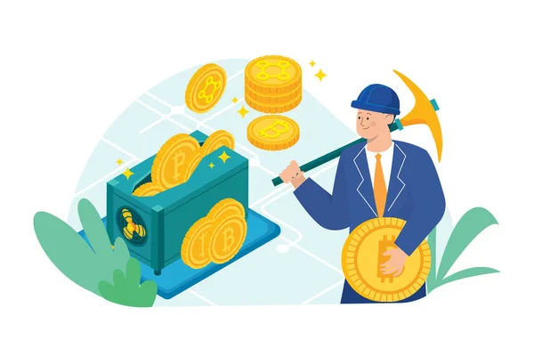 Cryptocurrency Concept Bitcoins Earning Cryptocurrency Flat Style Vector Illustration — Stock Vector