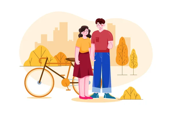 公园矢量图解设计中的一对骑自行车夫妇 — 图库矢量图片