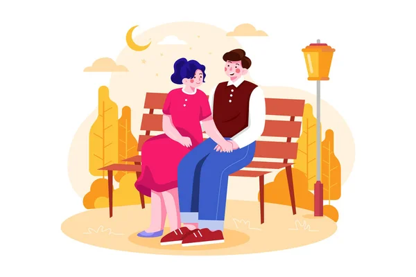 Couple Sitting Park Bench Drinking Coffee Vector Illustration — 스톡 벡터