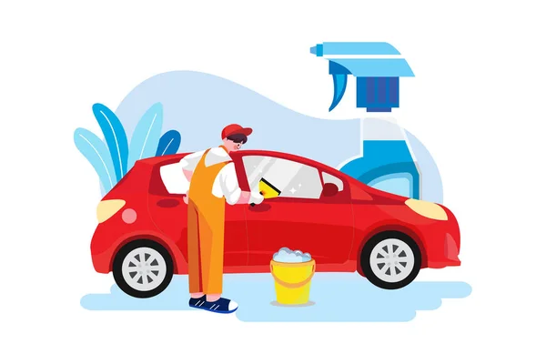 Konsep Car Wash Service Illustration Ilustrasi Datar Diisolasi Pada Latar - Stok Vektor