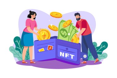 NFT & Crypto Illustration konsepti. Düz illüstrasyon beyaz arkaplanda izole edildi