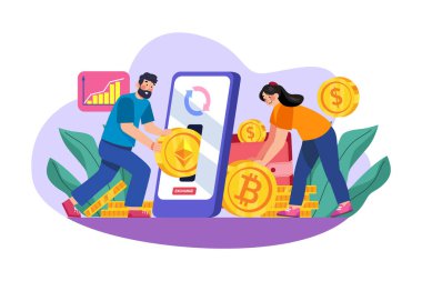 NFT & Crypto Illustration konsepti. Düz illüstrasyon beyaz arkaplanda izole edildi