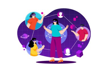 Dijital Metaverse Illustration konsepti. Düz illüstrasyon beyaz arkaplanda izole edildi