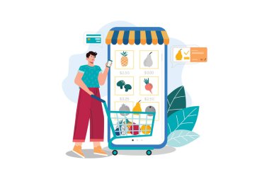 E-Commerce Illustration konsepti. Düz illüstrasyon beyaz arkaplanda izole edildi