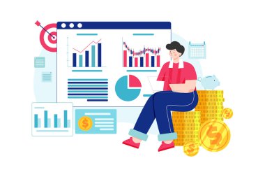 Finans tablosu ve istatistik vektör illüstrasyon grafik tasarımı olan iş adamı