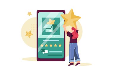 Yıldızlı akıllı telefonlu kadın ve yıldız vektör çizimi