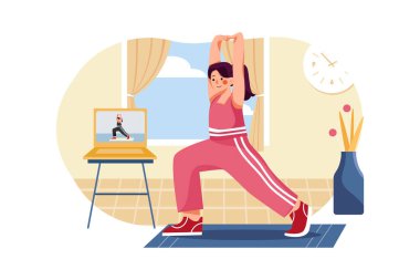 woman doing yoga exercises with laptop vector illustration design