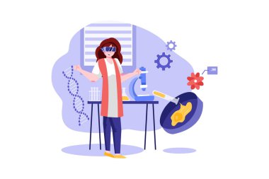 Şehrin arka planında mikroskobu olan bir kadın. vektör illüstrasyonu