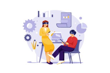 people working with laptop and tools vector illustration design