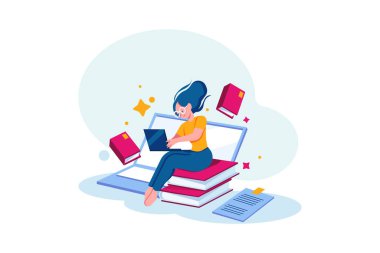 student girl reading book with laptop and books vector illustration