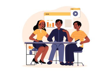 Sandalyede oturan ve birlikte çalışan bir grup insan. vektör illüstrasyonu