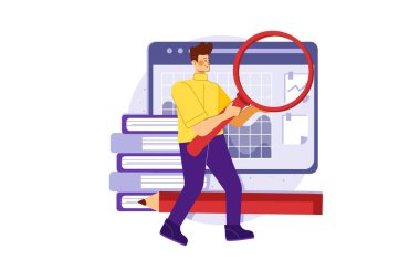 Akıllı telefonu olan ve cam vektör çizimi büyüten bir adam.