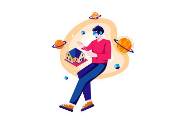 VR Illustration konseptini kullanma deneyimi. Düz illüstrasyon beyaz arkaplanda izole edildi