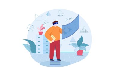 VR Illustration konseptini kullanma deneyimi. Düz illüstrasyon beyaz arkaplanda izole edildi