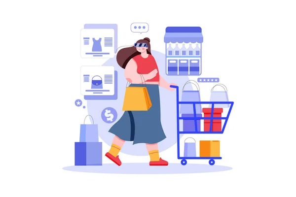Woman Shopping Cart Bag Groceries Vector Illustration — Stok Vektör