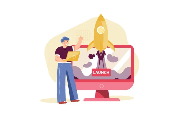 Business Startup Concept Rocket Laptop Vector Illustration Design — Stockvektor