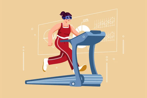 Woman Headphones Running Treadmill Vector Illustration — Vector de stock