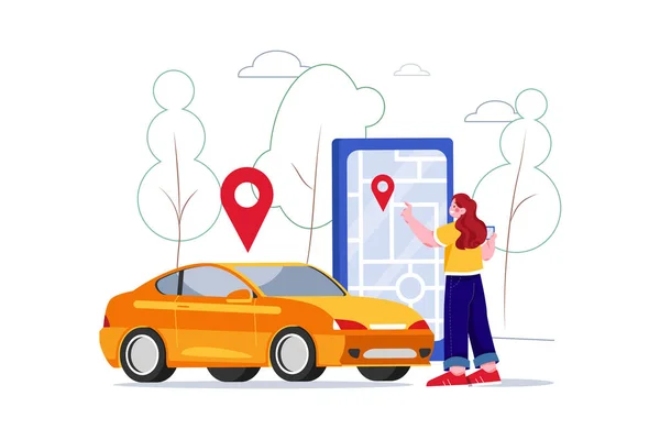 Mulher Com Smartphone Ponteiro Mapa Com Táxi Estrada Ilustração Vetorial — Vetor de Stock