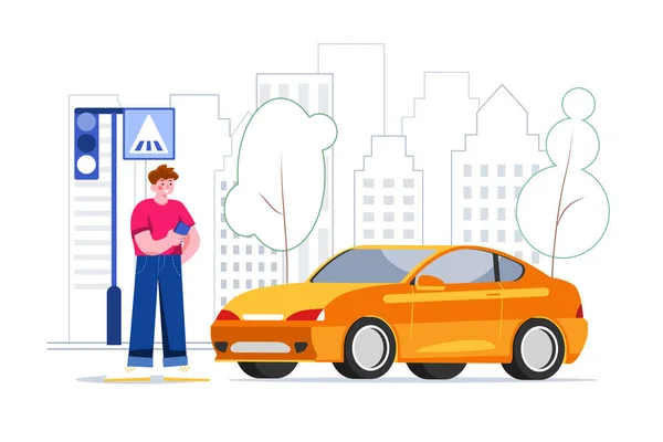 Carro Com Smartphone Homem Cidade Com Carros Pessoas Ilustração Vetorial — Vetor de Stock