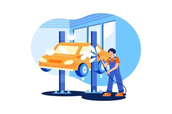 Auto Reparatie Service Centrum Met Man Vrouw Blauw Wit Vector — Stockvector