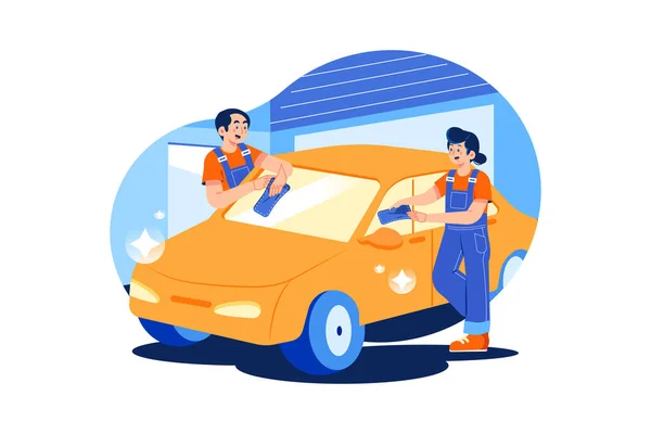 Carro Mecânico Com Smartphone Homem Garagem Vetor Ilustração — Vetor de Stock