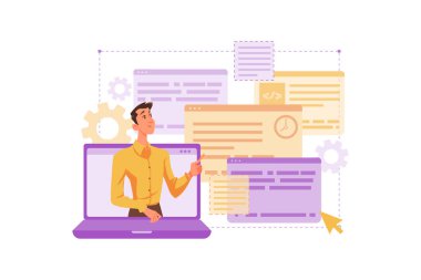 Dizüstü bilgisayarı ve bilgisayar vektör çizimi olan adam