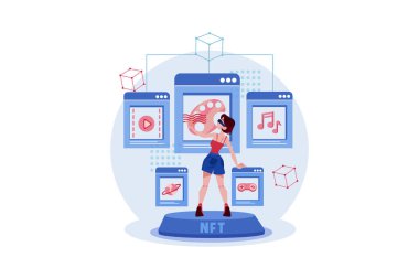 İnternet alışveriş konsepti. Akıllı telefonu ve cep telefonu olan bir kadın. vektör illüstrasyonu