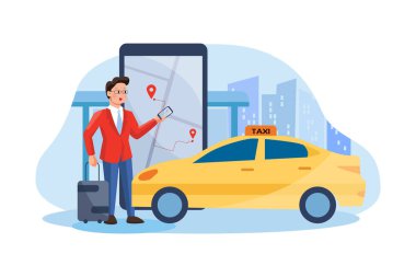 taxi car with smartphone app. vector illustration