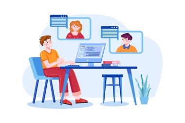 people working with computer and discussing design, business meeting and online interview vector illustration