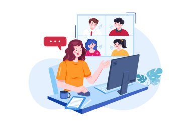 people working together with computer  and speech bubble vector illustration design
