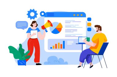 Çevrimiçi Dijital Pazarlama Çizimi konsepti. Düz illüstrasyon beyaz arkaplanda izole edildi