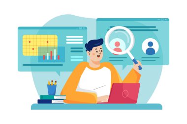 Çevrimiçi Dijital Pazarlama Çizimi konsepti. Düz illüstrasyon beyaz arkaplanda izole edildi