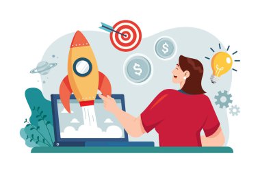 Business Startup Illustration konsepti. Düz illüstrasyon beyaz arkaplanda izole edildi