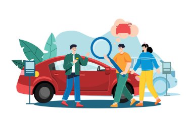 Araba galerisi Illustration konsepti. Düz illüstrasyon beyaz arkaplanda izole edildi