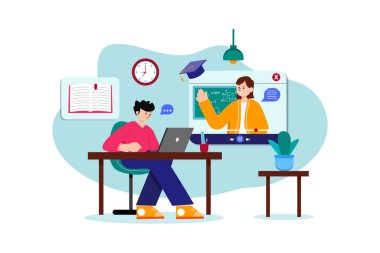 Online Education Illustration konsepti. Düz illüstrasyon beyaz arkaplanda izole edildi