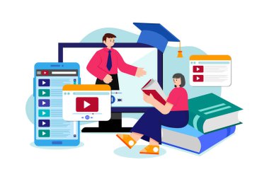 Online Education Illustration konsepti. Düz illüstrasyon beyaz arkaplanda izole edildi