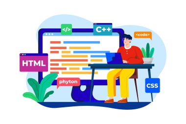 Beyaz arkaplan üzerine bilgisayar programcısı düz illüstrasyon kavramı
