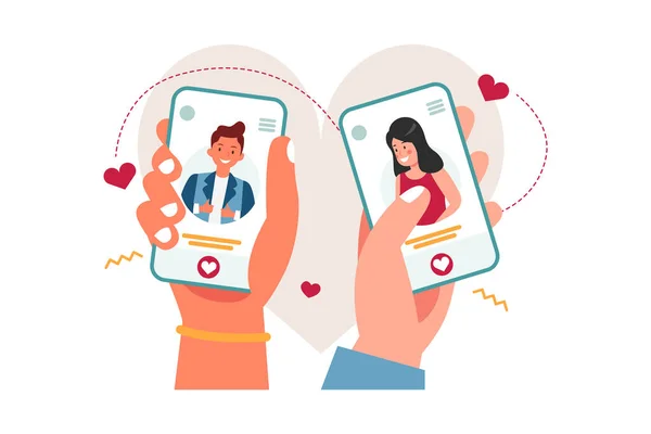 Paar Vond Een Match Een Online Dating App — Stockvector