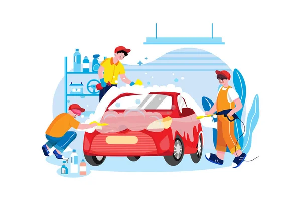 Car Wash Service Illustratie Concept Platte Illustratie Geïsoleerd Witte Achtergrond — Stockvector