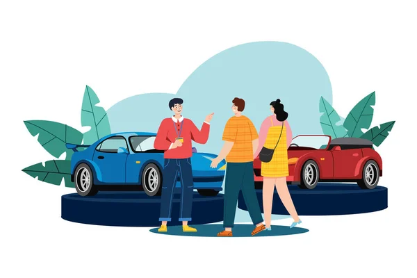 Αυτοκίνητο Dealership Εικονογράφηση Έννοια Επίπεδη Απεικόνιση Που Απομονώνεται Λευκό Φόντο — Διανυσματικό Αρχείο