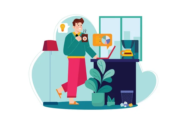 Employee Drinking Coffee While Working Home — Vector de stock