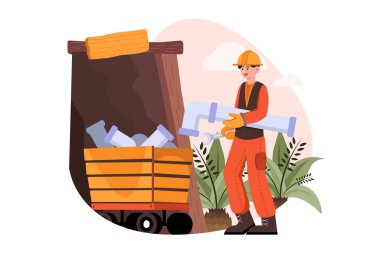 Miner character holding wrench and plastic pipe Illustration concept on white background