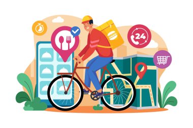 Food delivery service, male courier with large backpack