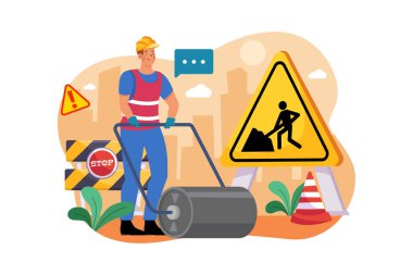 Worker using road roller makes paving on highway or street