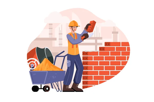 Man Builder Trowel Laying Bricks Wall Illustration Concept White Background — Διανυσματικό Αρχείο
