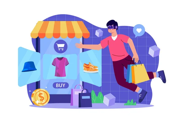 Man Shopping Using Metaverse Technology — Stok Vektör