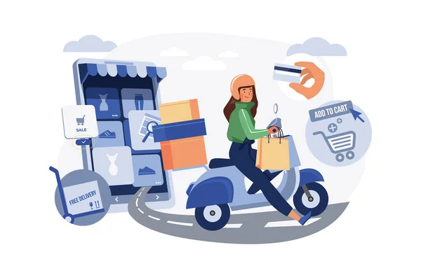 Delivery Woman Delivers Online Order Illustration Concept White Background — Stok Vektör