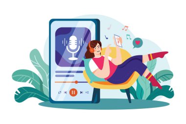 Girl listening to podcast music Illustration concept. Flat illustration isolated on white background